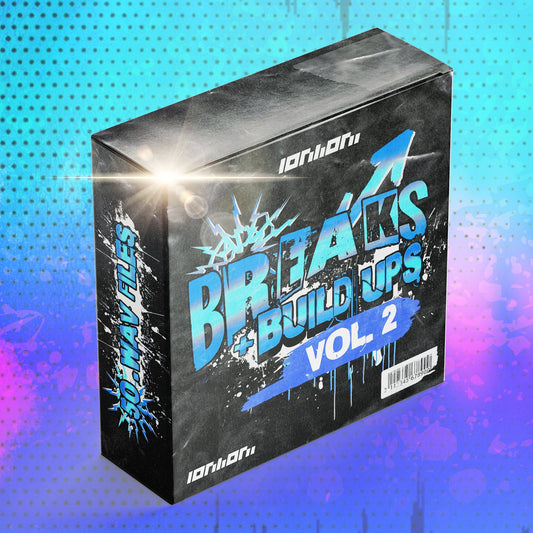 Music production sample pack box titled 'Breaks & Build Ups Vol. 2' on a colorful abstract background