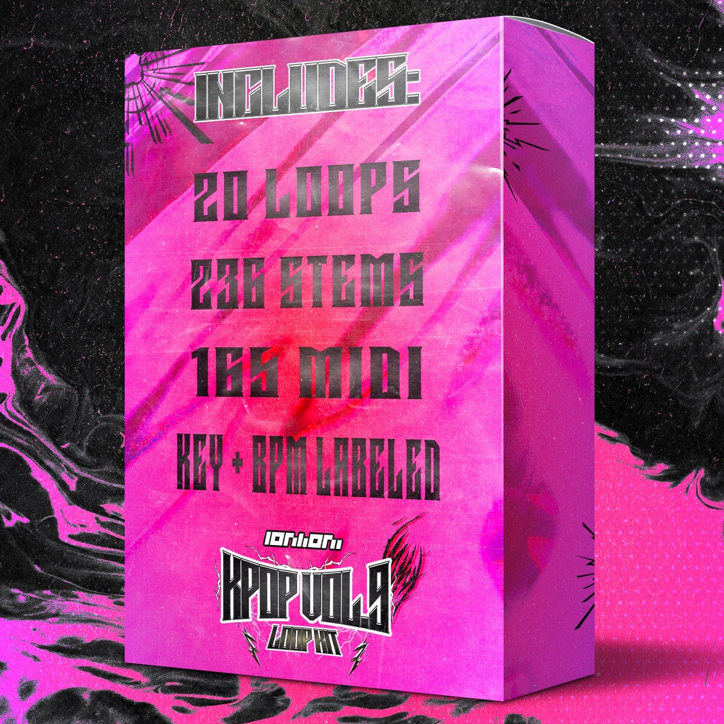 Pink product packaging with text on a black and pink abstract background